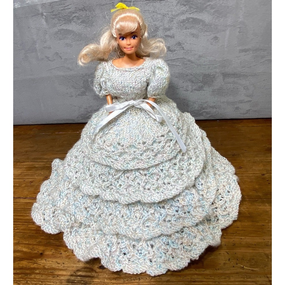 Vintage Barbie OOAK Handmade White Knit Crochet Ballgown Dress Petticoat 11 in